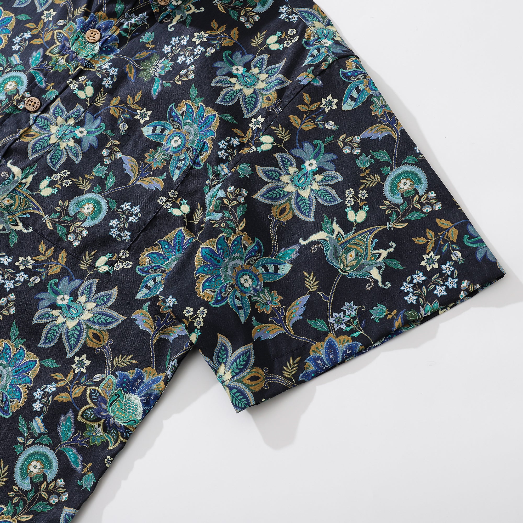 Black Hawaiian Shirt For Men Fantasy Flowers Print Short Sleeve Cotton Button Down