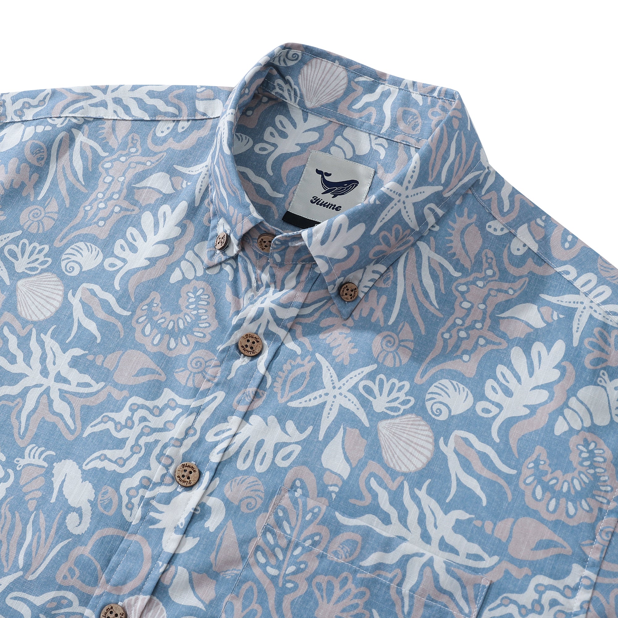Yiume Hawaiian Shirts for Men Oceanic Silhouette Print 100% Cotton Short-Sleeved - Blue