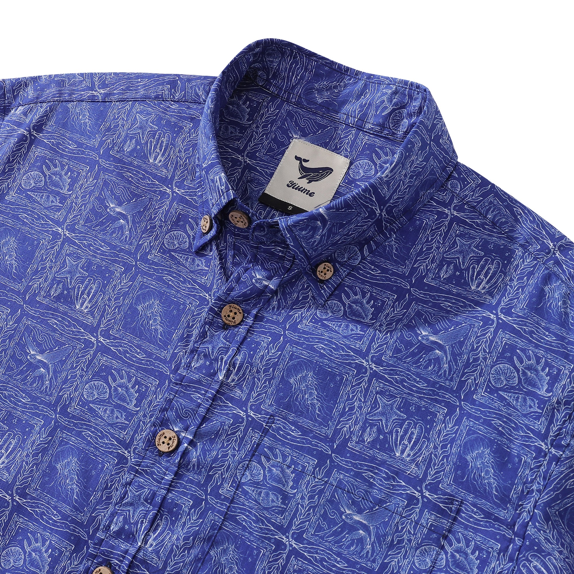 Yiume Aloha Shirt For Men Ocean Life and Line Combination Printed Short Sleeve Hawaiian Shirt - Navy Blue