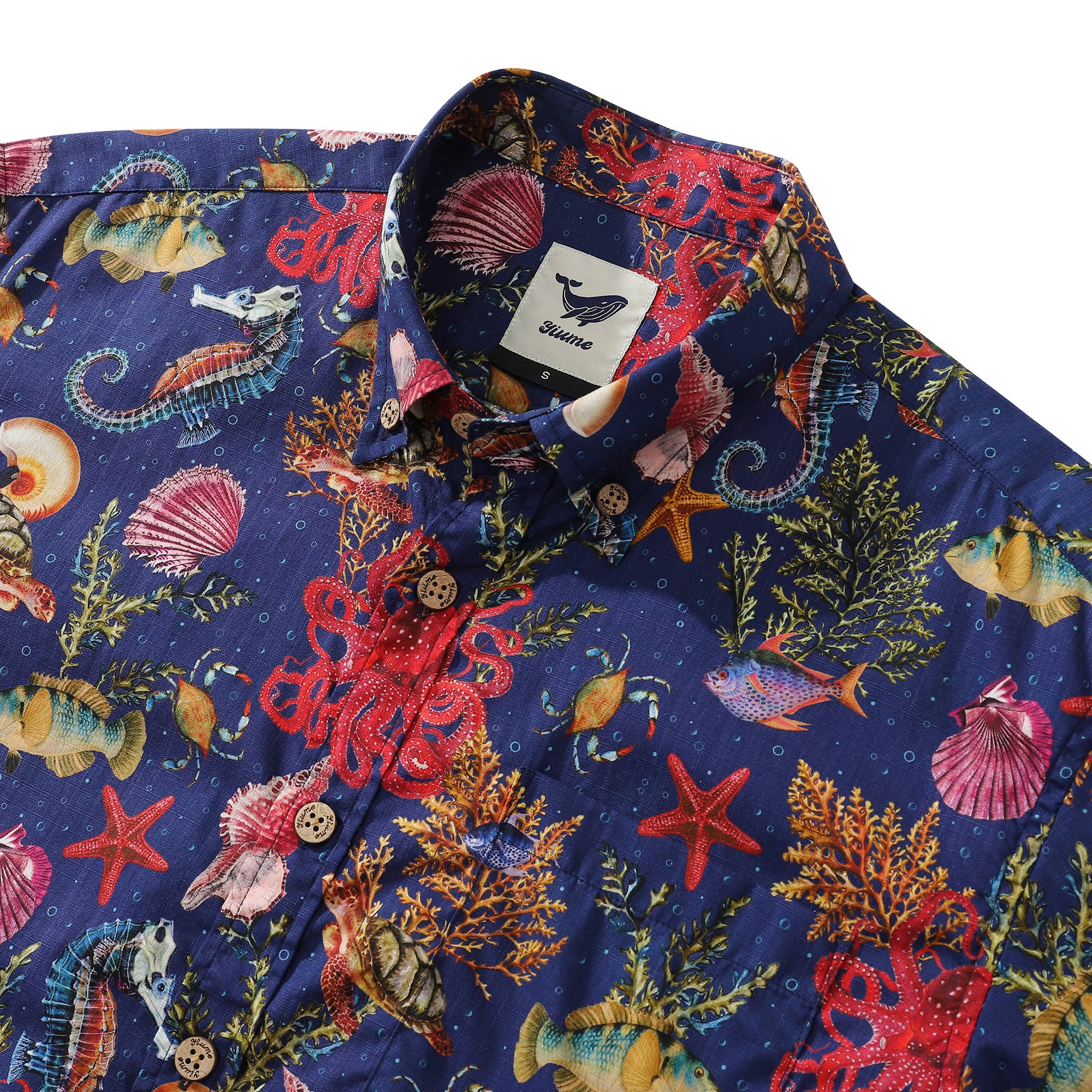 Men's Funky Hawaiian Shirt Marine Life Seahorse Octopus Print Button-down Cotton (Dark Blue)