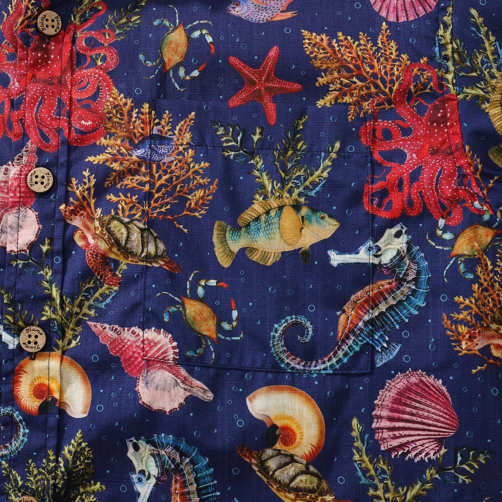 Men's Funky Hawaiian Shirt Marine Life Seahorse Octopus Print Button-down Cotton (Dark Blue)