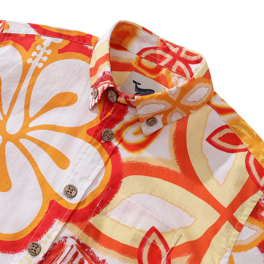 Children's Hawaiian Shirt Tikirob Designer Shirt Orange Totem Print Cotton Button-down Short Sleeve Orange Totem By Tikirob