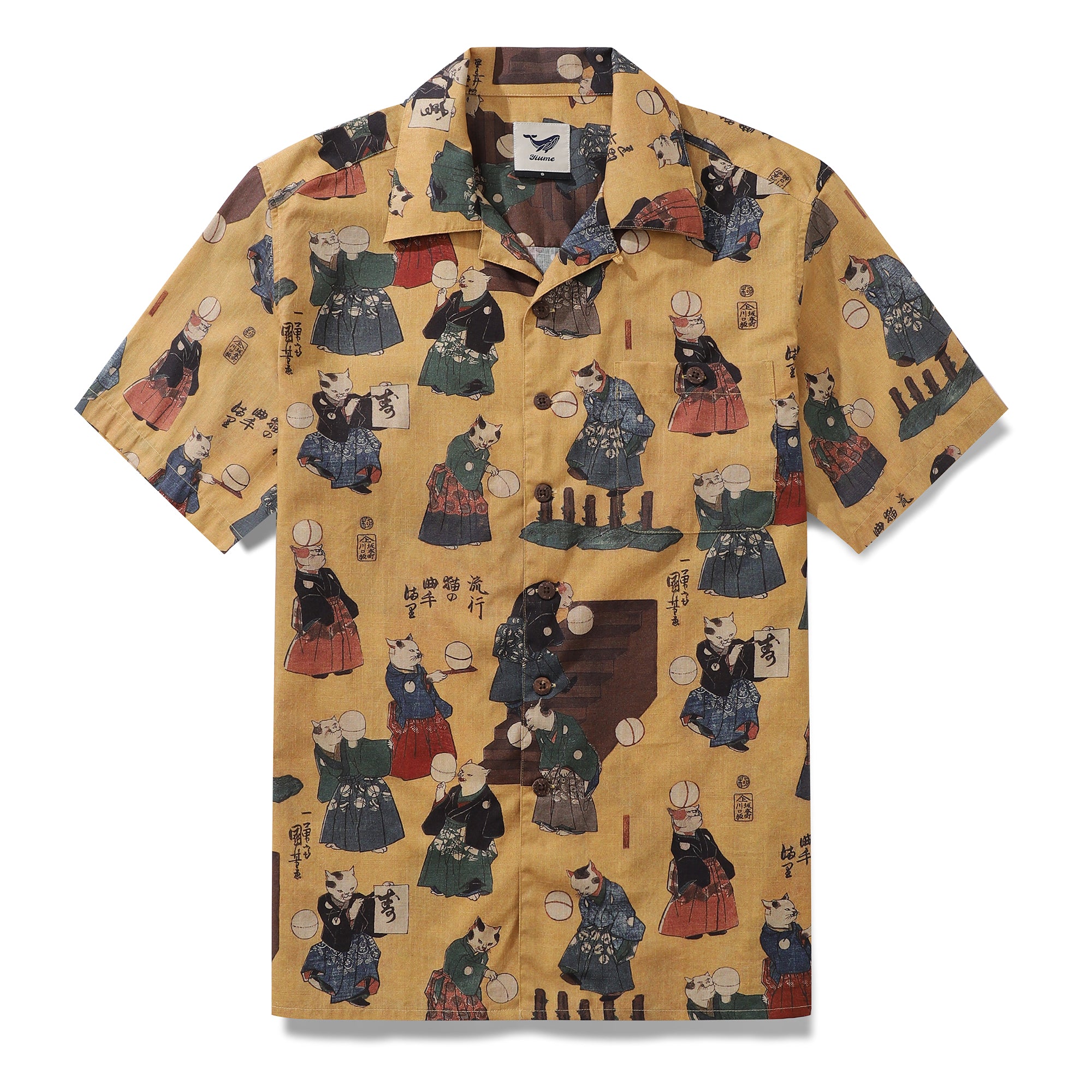 Mens Japanese Hawaiian Shirt The Cat that Kicked Cuju Cotton Camp Collar Short Sleeve Aloha Shirt