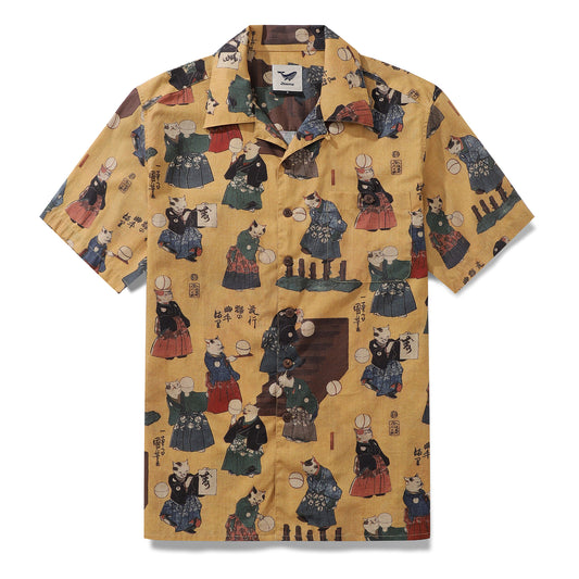 Mens Japanese Hawaiian Shirt The Cat that Kicked Cuju Cotton Camp Collar Short Sleeve Aloha Shirt The Cuju Cat