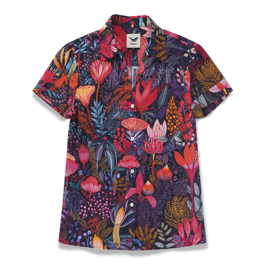 Dreamy Scarlet Botanical Paradise 100% Cotton Women's Short Sleeve V-neck Shirt Aloha Hawaiian Dreamy Scarlet Botanical Paradise Print-mismatched