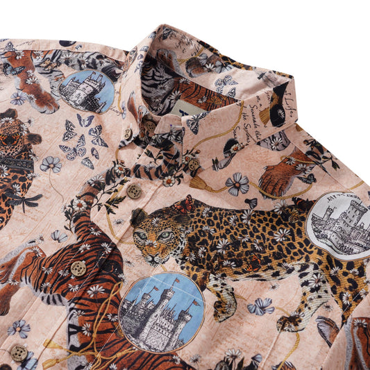 Beige Hawaiian shirt with animal and floral patterns, short sleeve