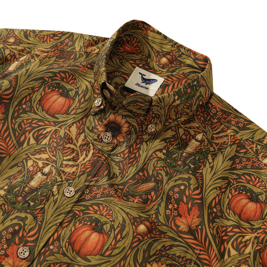 Green Aloha shirt with autumn harvest pattern, short sleeve