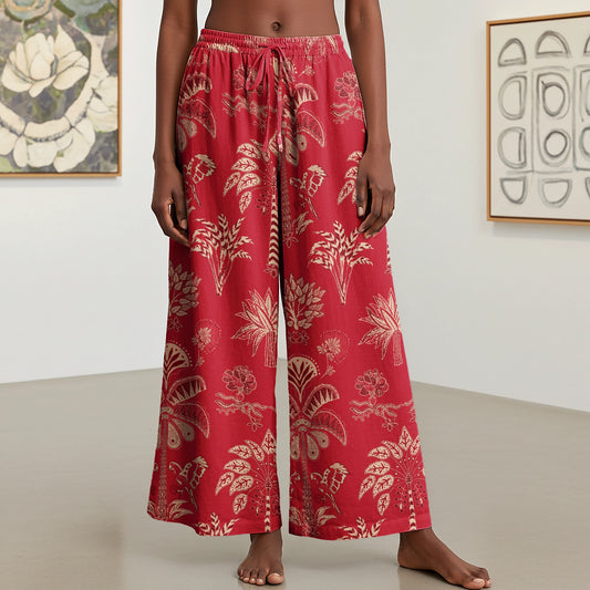 Women Casual Floral Wide Leg Pants Lounge Elastic Waist Drawstring with Pockets 93% Lyocell, 7% Linen Red Aloha Retro Tropical Sparkle By Patch