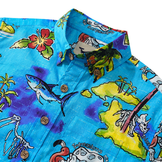 Kids' Hawaiian Shirt Short Sleeve Button-down 100% Cotton Blue Aloha Adventure Isle By Zeke