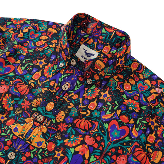 Men's Hawaiian Shirt Short Sleeve Button-down 100% Cotton Black Aloha Scandinavian Folk Party By Pallavi Chaudhary