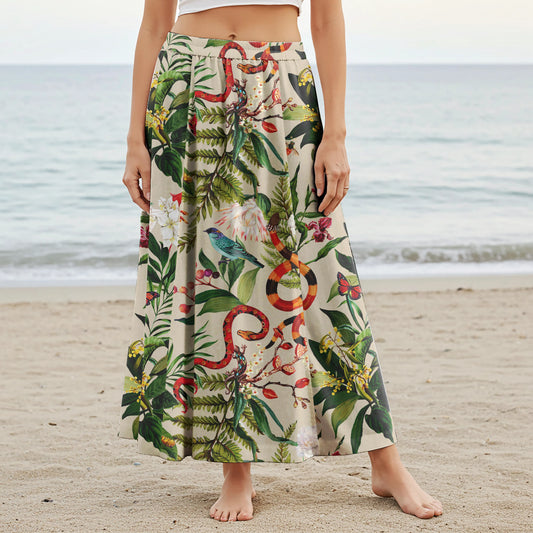 Green Aloha Jungle Women's Maxi Skirt with elastic waist and pockets