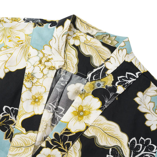 Golden floral design women's black blouse, V-neck, 3/4 sleeve