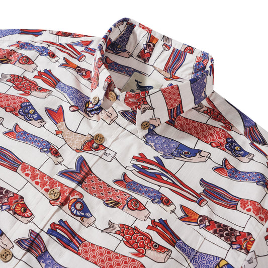 Close-up of Koi in the Wind pattern on men's Hawaiian shirt