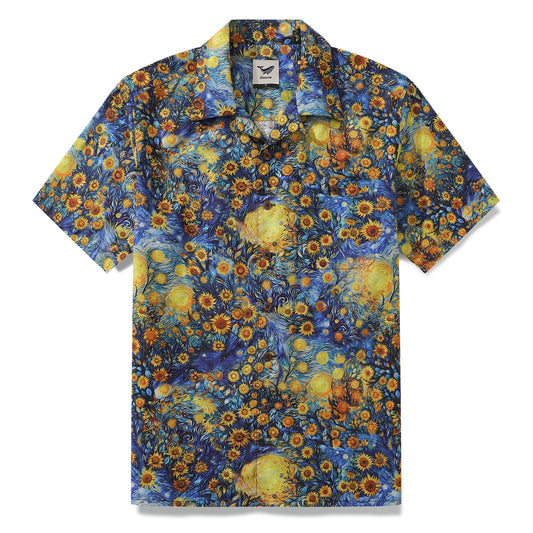 1960s Vintage Hawaiian Shirt For Men Van Gogh Sunflower Shirt 100% Cotton Camp Collar Shirt