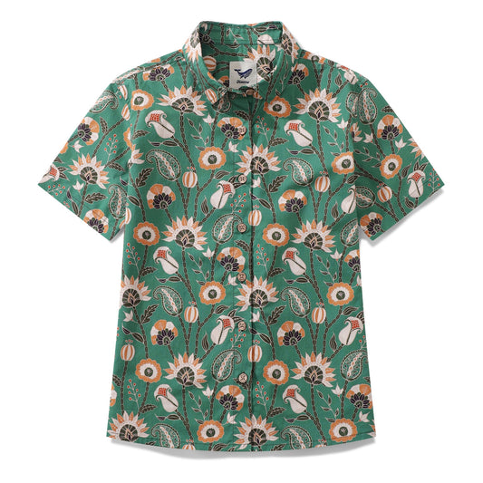 Women's Hawaiian Shirt Julia Madoka Print Cotton Button-up Short Sleeve Oriental Jungle By Julia Madoka