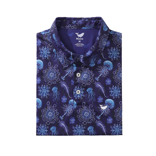 Blue men's polo with marine art design, Luova Flow
