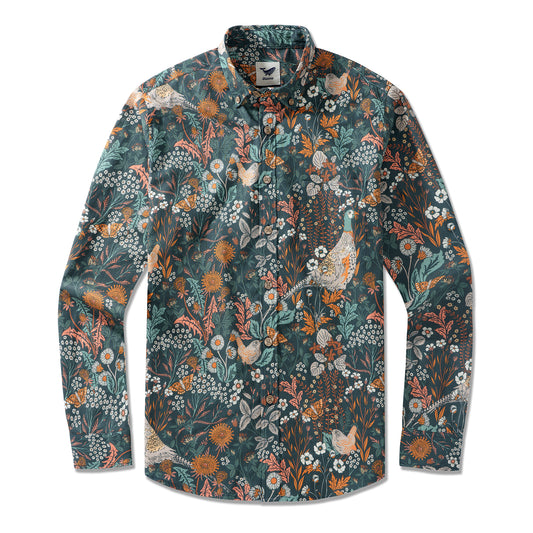 Men's Hawaiian shirt with pheasant and butterfly print by Abigail Bryan