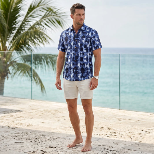 Men's Indigo Mirage Shibori Hawaiian Shirt, 100% Cotton, Blue Tie-Dye