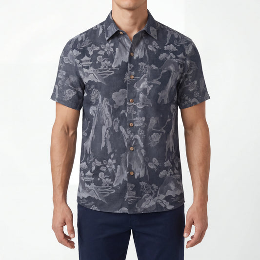 Gray art shirt with Eastern dragon and mountain pattern