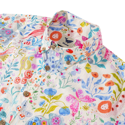 Back view of men's Hawaiian shirt with wildlife design