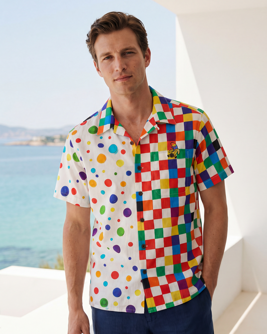 Close-up of colorful Hawaiian shirt with camp collar