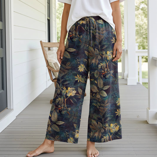 Women Casual Floral Wide Leg Pants Lounge Elastic Waist Drawstring with Pockets 93% Lyocell, 7% Linen Green Aloha Atmospheric Plant Whispers By Patch