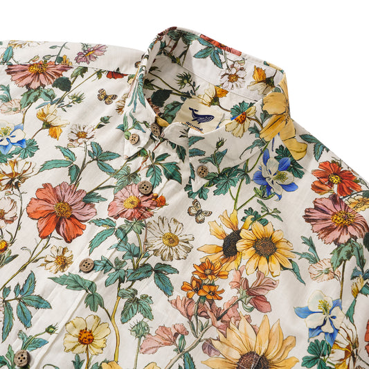 Men's Hawaiian Shirt Short Sleeve Button-down 100% Cotton Beige Aloha Floral Reverie