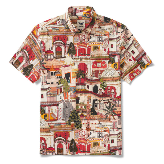 Men's Hawaiian shirt with peacock and palm design, yellow