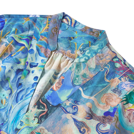 Blue women's blouse with clouds and phoenix design