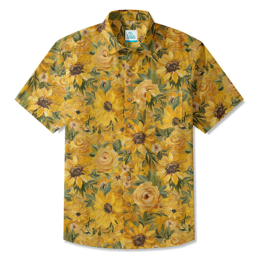Men's Hawaiian shirt with sunflower print, short sleeve, button-up