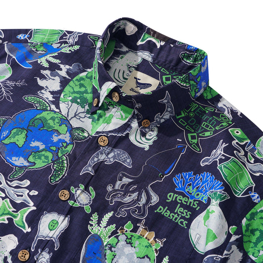 Eco-themed Hawaiian shirt with sharks and fish
