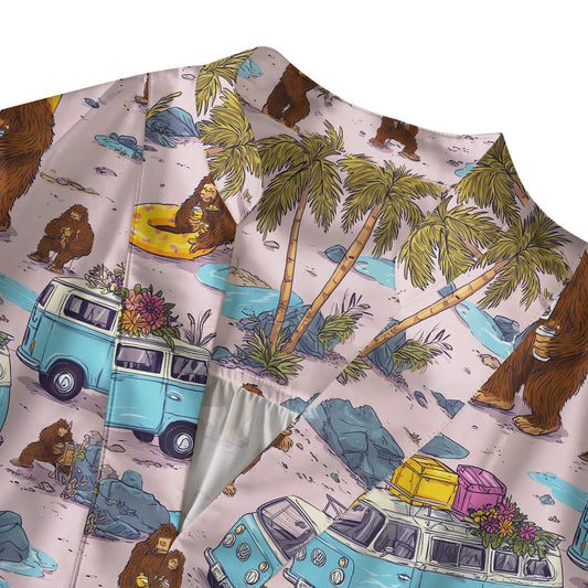 Women's Aloha Pink art shirt with Bigfoot, 3/4 sleeve, V-neck