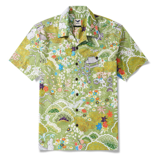 Men's Hawaiian shirt in jade wilderness print, short sleeve, camp collar