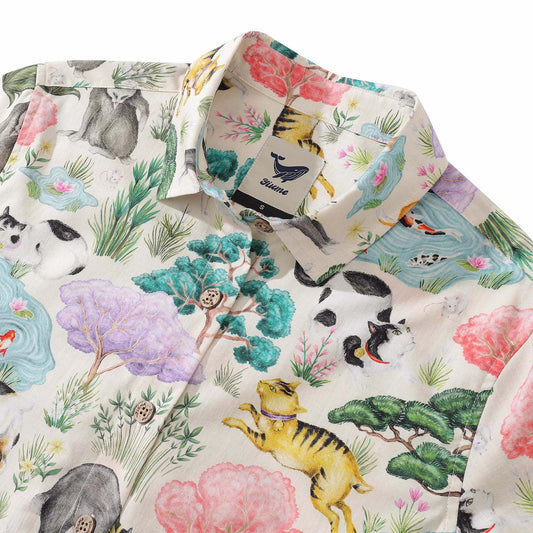 Close-up of Japanese cat garden print on women's Hawaiian shirt