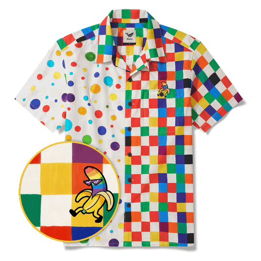 Men's Hawaiian shirt with red checkerboard and polka dot design