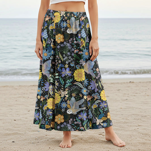 Women Casual Maxi Skirt Long Elastic Waist with Pockets 100% Cotton Beige Aloha Owl's Secret Garden