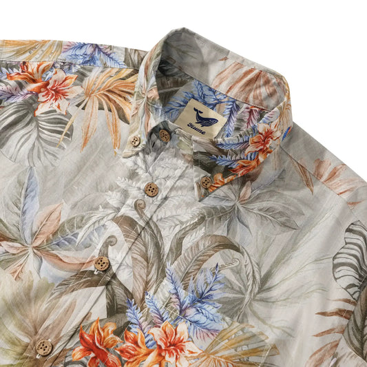 Gray Hawaiian Shirt, Button-Down, Tropical Print