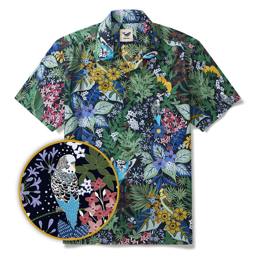 Yiume Tropical Hawaiian Shirt For Men 100% Cotton Short Sleeve Green Camp Collar Parrot Aloha Shirt Parrot's Garden