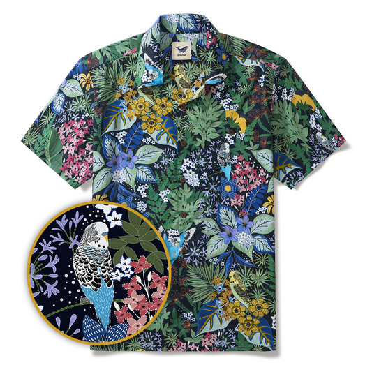 Yiume Parrot's Garden men's art shirt, green, camp collar