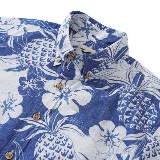 Yiume Blue Tropical Hawaiian Shirt For Men Short Sleeve Button-down Cotton Aloha Pineapple Shirt