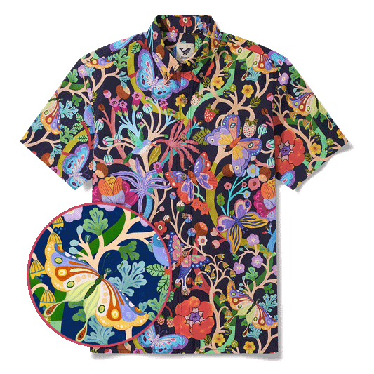 Men's Hawaiian shirt with butterfly dance pattern, blue
