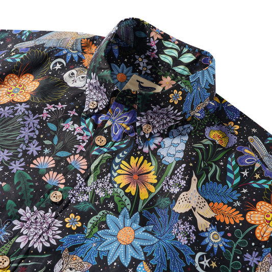 Owl's Secret Garden Hawaiian Shirt for men, button-down, cotton