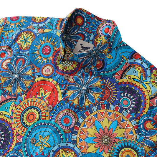 Blue Mandala Hawaiian Shirt For Men Short Sleeve Geometric Button-down Shirt 100% Cotton Shirt Mandala Mosaic