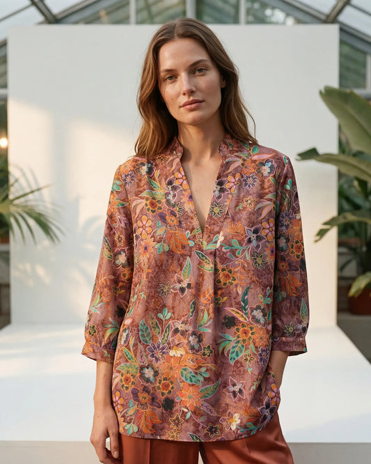 Purple aloha artistic floral women's blouse with V-neck and 3/4 sleeves