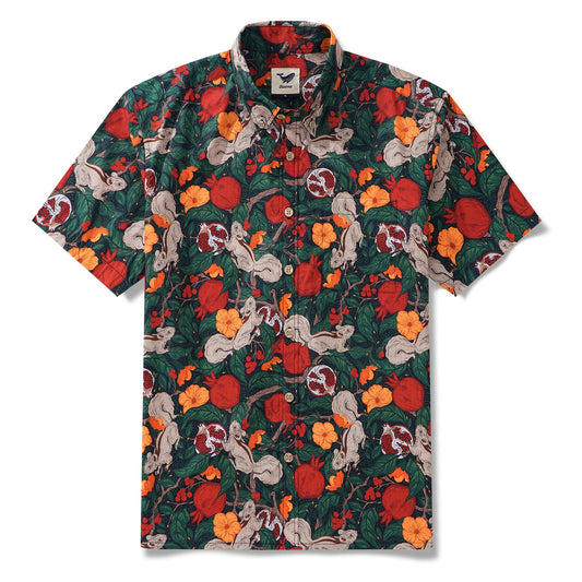 Men's Hawaiian Shirt Short Sleeve Button-down 100% Cotton Green Aloha Pomegranate Grove By Pallavi Chaudhary
