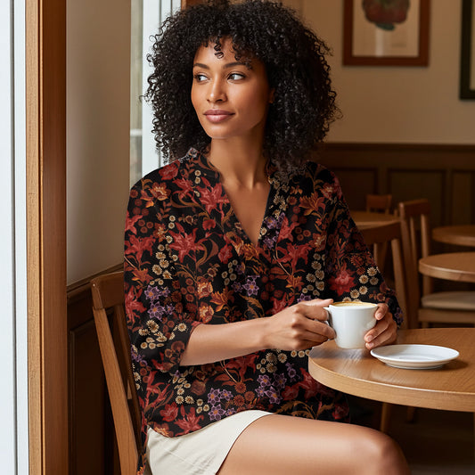 Women Casual Blouse 3/4 Sleeve V-neck Shirt Collar 95% Lyocell, 5% Linen Red Aloha Dark Floral Legend By Patch