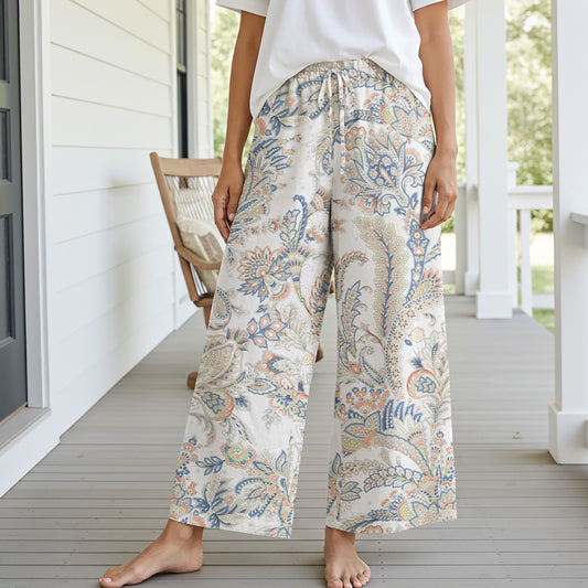 Blue Paisley Women's Pants with Drawstring and Pockets
