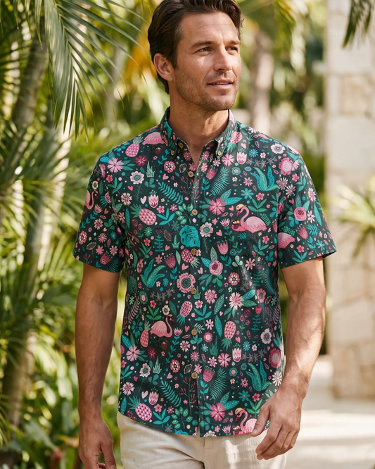 Short sleeve green Hawaiian shirt with floral print