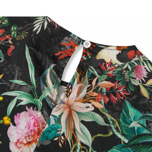 Black tropical print women's blouse, elbow sleeves, button-back