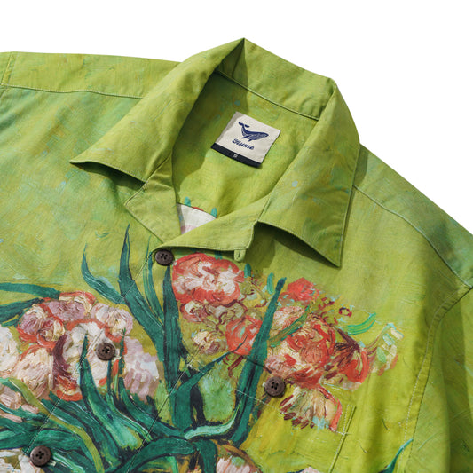 Men's Hawaiian Shirt Short Sleeve Camp Collar 100% Cotton Green Aloha Van Gogh Blossoms